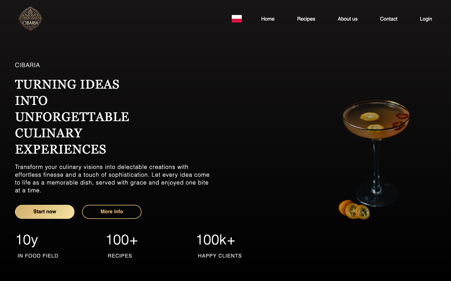 Cibaria recipe manager interface showing a food recipe browsing and management view.