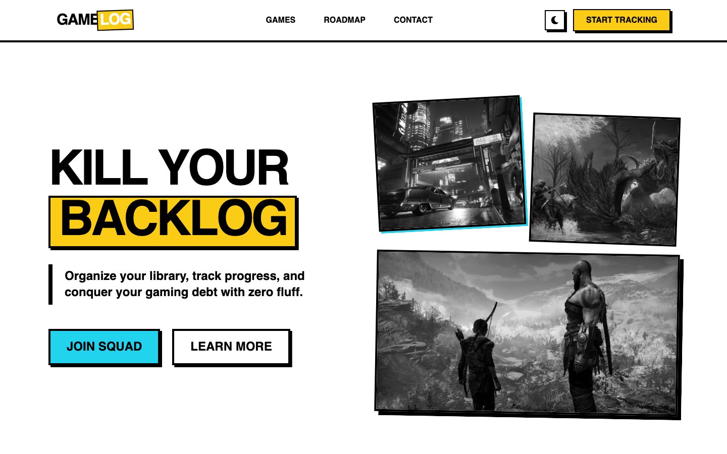 Gamelog landing page with a backlog headline, navigation, and a collage of game artwork.