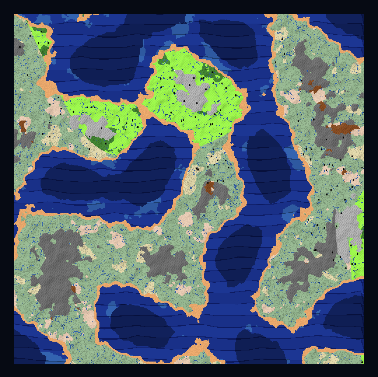 Generated MapGenerator fantasy map with blue ocean, multiple landmasses, biome textures, mountains and cities.