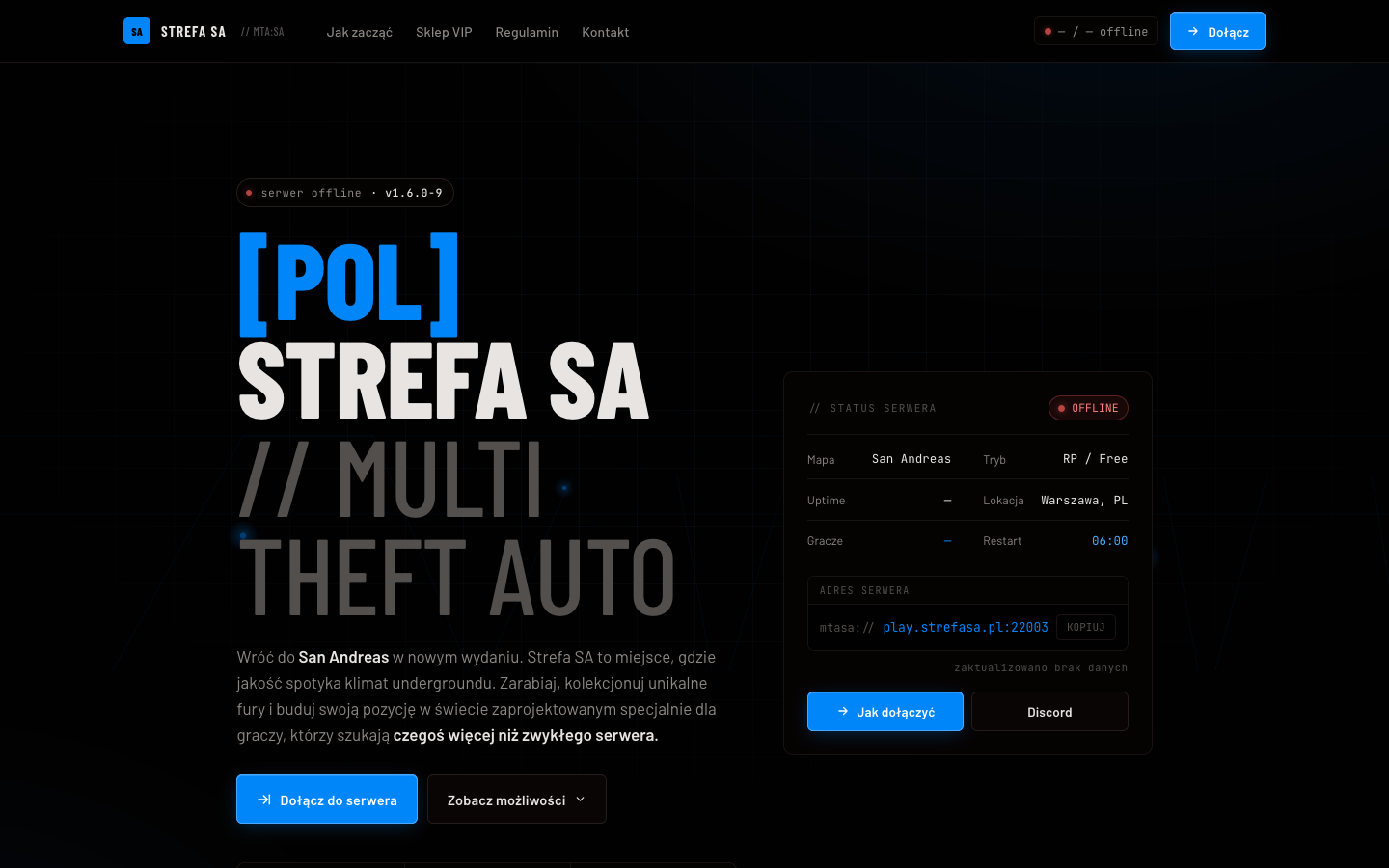 StrefaSA marketing homepage for an MTA:SA community with a cinematic game-focused presentation.