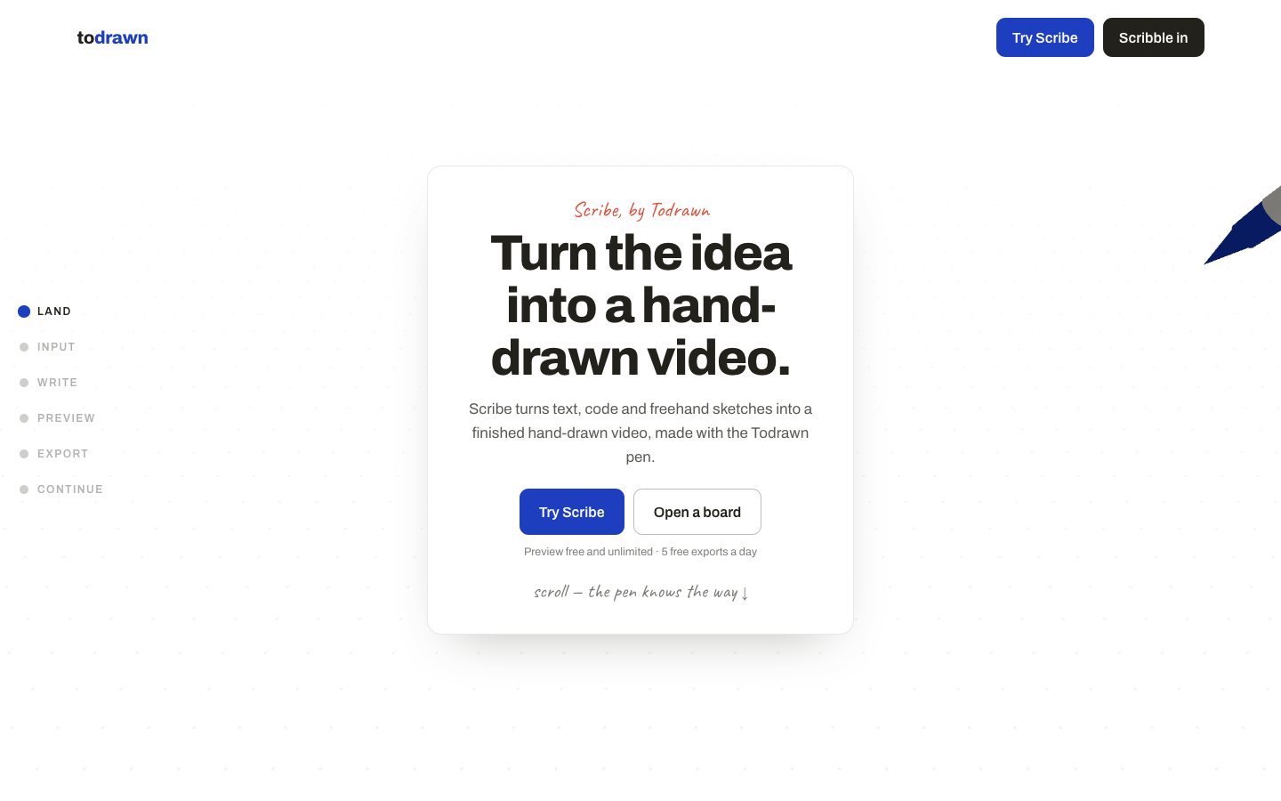 todrawn.com landing page for Scribe, showing the hand-drawn video workflow and controls for trying Scribe or opening a board.